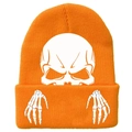 Orange knitted beanie with white skull and skeleton hand prints for winter fashion - Orange Skull Hand Print Style (橙色-I)