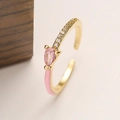 Macro shot of 18K gold ring featuring a pink teardrop gemstone and pink enamel detailing - Pink (13228) / Adjustable Open