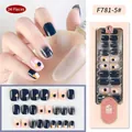 Modern geometric color-block press-on nails set in blue and pink with glitter finish - F781-5/Square/Dark Blue Gradient Glitter