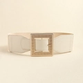 Detail of beige elastic wide waist belt with square gold buckle on textured background - Off White