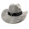 Western cowboy hat in grey woven texture with bull skull metal ornament on black band - M(56-58cm) / Striped Grey