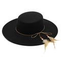 Elegant black flat top wool boater hat with feather and bead trim on a white background - M (56-58cm) / Black