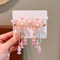 Pink floral hair clip with tassels and pearls for girls' traditional Hanfu costume - Pink Pearl Flower Clips