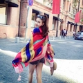 Colorful geometric print cotton linen shawl with stylish pink fringe and tassel detail - Colorful Geometric Style (37114)