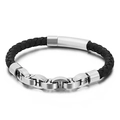 Men's black braided leather bracelet with silver stainless steel H-link charm and magnetic clasp - 21cm / Steel Matte Silver (KB130441-KFC)