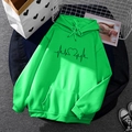 Bright green fleece hoodie with heart heartbeat graphic print and kangaroo pocket - S / Tops / Bright Green