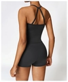 Vue détaillée de l'ensemble de yoga noir avec brassière dos nageur et short taille haute - Gilet 8519 + Short 8519 Noir Haut De Gamme / S
