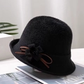 Elegant black faux mink cloche hat for women with floral ribbon and warm fur texture - Flower / Black