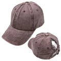 Detail of washed cotton ponytail baseball cap with adjustable metal buckle back - Brown / Adjustable