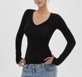 Close-up of black V-neck long sleeve T-shirt in soft modal fabric with a slim fit - XS / V-Neck / Black