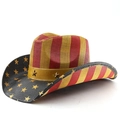 Detail of woven straw cowboy hat featuring American flag patterns and metal star studs - M (56-58cm) / Red and White Interleaved Stripes Yellow Star Gold Rivet Style (10)