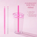 450ml clear Tritan water cup with neon pink straw and stainless steel cleaning brush - 450ml / Fluorescent Rose Red