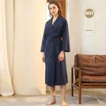 Women's waffle texture navy blue bathrobe with tie closure and side pockets - M / Women-Navy Blue