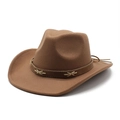 Cappello da cowboy western marrone in lana con tesa larga e fascia in pelle ricamata - M (56-58cm) / Cachi