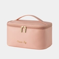 Pink textured leather cosmetic bag with a gold double zipper and top handle - Oil Painting Pink