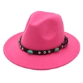 Detail of fuchsia wool fedora with black leather band, silver studs, and blue turquoise - M (56-58cm) / Rose Red