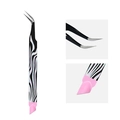 Macro detail of precision curved tweezers with zebra pattern and silicone pressing tool - Zebra Stripe - Curved