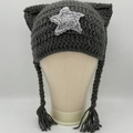 Dark gray knitted cat ear hat with light gray stars and braided tassel accents - Dark Grey Long Tassels