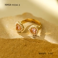 Double heart adjustable titanium steel ring with pink zircon and pearls in gold finish - Double Pink Heart Pearl