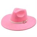 Detail showing bright pink wide brim suede fedora with a beige leather band and silver buckle - M(56-59CM) / Peach Red (Suede)