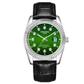 Men's luminous quartz watch with green diamond dial and black leather strap - Black Strap Silver Case Green Dial Men