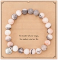 Handmade beaded natural stone bracelet in white, grey, and pink with silver heart charm - Pink Zebra + Best Bitches Card
