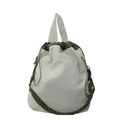 Borsa a secchiello in nylon grigio chiaro con dettagli verde oliva e tracolla intrecciata - Verde Pallido
