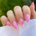 Short almond press-on nails with pink gradient, glitter, and 3D starfish charms - Pink Gradient Star Starfish Style (JP3946)
