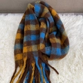 Winter plaid scarf with tassels in brown, blue and mustard yellow on soft plush fabric - Brown Blue Mustard Plaid (26)
