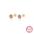 Golden 925 sterling silver flower stud earrings with purple cubic zirconia stones - Gold Purple Zirconia