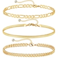 Three-piece gold plated stainless steel anklet set featuring Figaro, snake, and Cuban links - Gold Cuban Snake Link 3-Piece Set