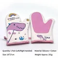 Pink plaid oven mitts with silicone grip, cotton lining and cartoon dinosaur pattern - Left and Right Hand Combination / Pink Dinosaur Style