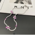 Collier élégant en argent avec cristaux de zircon rose en forme de trèfle et goutte - Collier Trèfle à Quatre Feuilles Rose Rouge