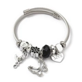 Silver charm bracelet with LOVE heart pendant, butterfly charm and black crystal bead - Love Butterfly Snowflake (C2-021) / Black