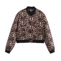 Close-up detail of leopard print bomber jacket with flap pockets and ribbed cuffs - Brown Leopard