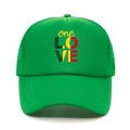 Detail of green trucker hat featuring a colorful one LOVE print and breathable mesh back - M (56-58cm) / Emerald Green