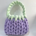 Handmade chunky knit bag in lavender purple with green handles, DIY soft cotton tube purse - Light Purple + Light Green