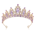 Baroque golden bridal crown featuring elegant teardrop purple gemstones and white crystals - No Comb Gold - White & Purple