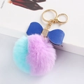 Plush faux rabbit fur keychain in mint green and lilac with a blue bow and gold ring - Purple Patchwork - Litchi Bow