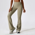 Pantalon de yoga évasé à taille haute en vert olive avec effet push-up et tissu extensible - S / Marron Camel