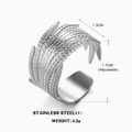 Verstelbare zilveren roestvrijstalen veerring met gedetailleerde textuurgravure - Zilver