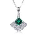 Elegante ciondolo a forma di ventaglio con gemma verde quadrata e zirconi bianchi - Placcato Oro Bianco Argento Spesso [Pietra Principale Forma Quadrata 6*6MM] PD022838 / Argento 925 [Solo Pendente Senza Catena]