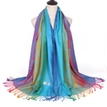 Detail of bohemian pashmina scarf with leaf jacquard pattern and fringe tassels on model - Floral Peacock Blue