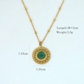 Detail view of 14K gold plated necklace with green natural stone and size specifications - Round Pendant Style (1013)