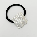 Silver square metal hair tie with hammered texture and black elastic band for ponytails - Matte Silver - Square
