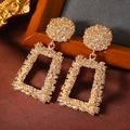 Textured gold geometric earrings featuring circular studs and rectangular hammered pendants - Round Rectangle Frame Style (WEH3965) / Gold (WEH3965)