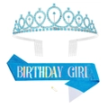 Sky blue and silver Birthday Girl sash and rhinestone crown tiara party set - Set 27 (Sky Blue Set)