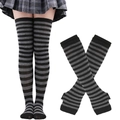 Women's black and grey striped over-knee socks and matching knit arm warmer set - Grey Black Striped Socks and Gloves
