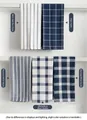 Detail view of five assorted navy blue and white waffle weave kitchen towels on a rack - 70*50cm / White with Blue Stripes