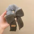 Olive green knit bow hair scrunchie with grey faux fur and small bear leather label - Grey Bow Scrunchie